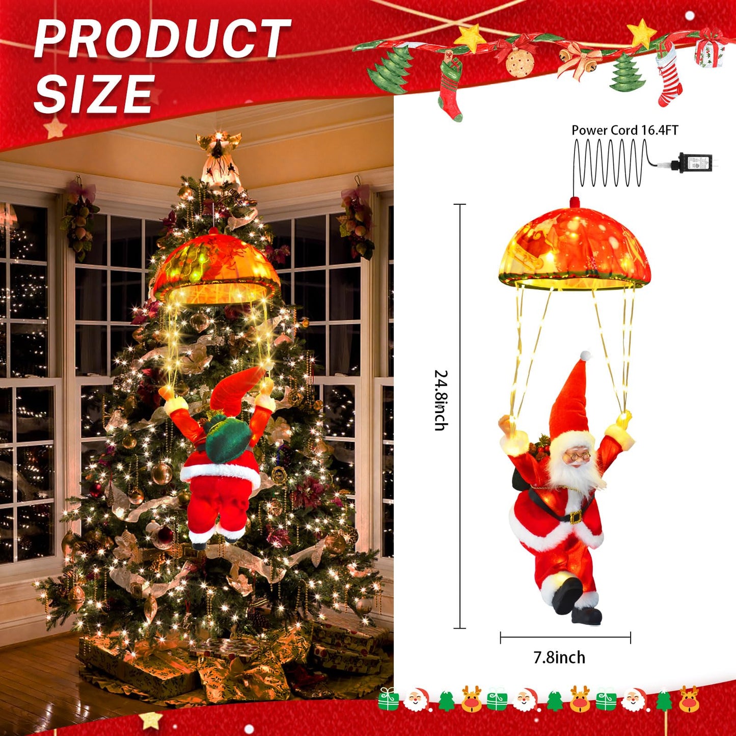 JNOEC Christmas Lights Outdoor Indoor, Santa Claus Parachute LED Lights, 8 Modes & Timer Christmas Decorations Lights Outside Inside for Window, Garden, Home, Porch, Xmas Tree Decor (Warm White) 