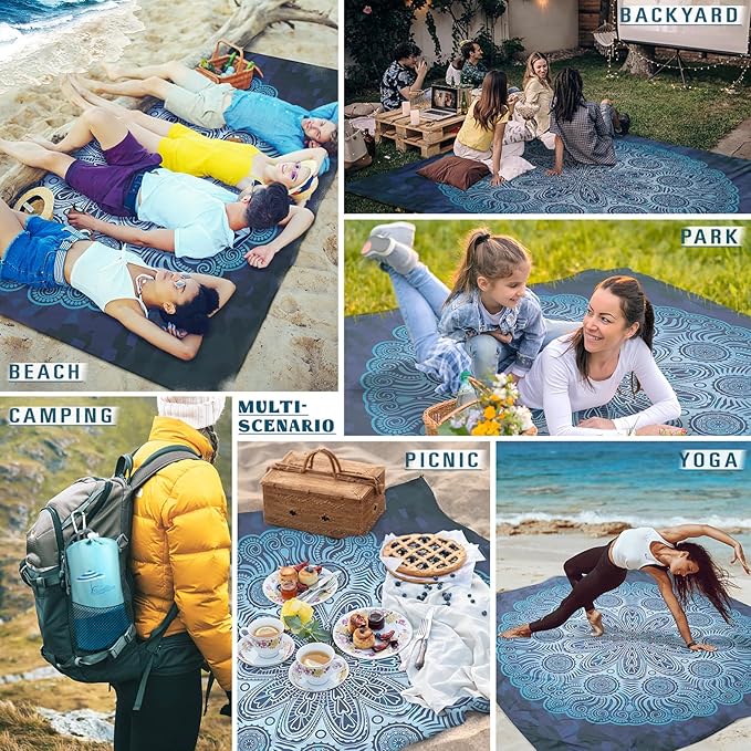 Famstar Beach Blanket Sandproof Waterproof 78''81'' 1-5 Adults Oversized, Compact Lightweight Durable 210T Polyester Beach Mat for Travel Camping Hiking Picnic
