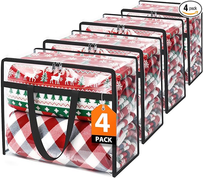 Clear Clothes Storage Bags, 4 Pack Closet Organizers and Under Bed Storage Containers, Foldable Moving Bags with Zippers for Comforter, Blanket, Bedding, Duvet, PVC Packing Bags 90L