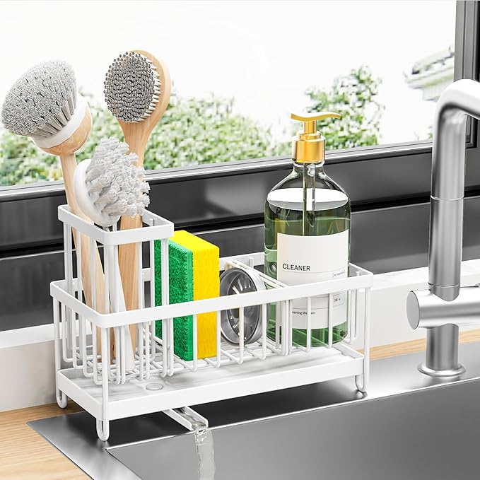 Cisily Sponge Holder for Kitchen Sink, Sink Caddy Organizer with High Brush Holder, Kitchen Countertop Organizers and Storage Essentials, Rustproof 304 Stainless Steel (White, 9.25â³)
