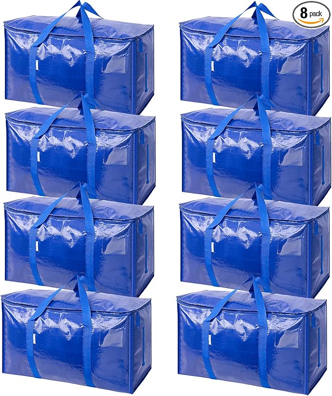 TICONN 8 Pack Extra Large Moving Bags with Zippers & Carrying Handles, Heavy-Duty Storage Tote Moving Boxes for Space Saving (8 PK, 30 Gallon)