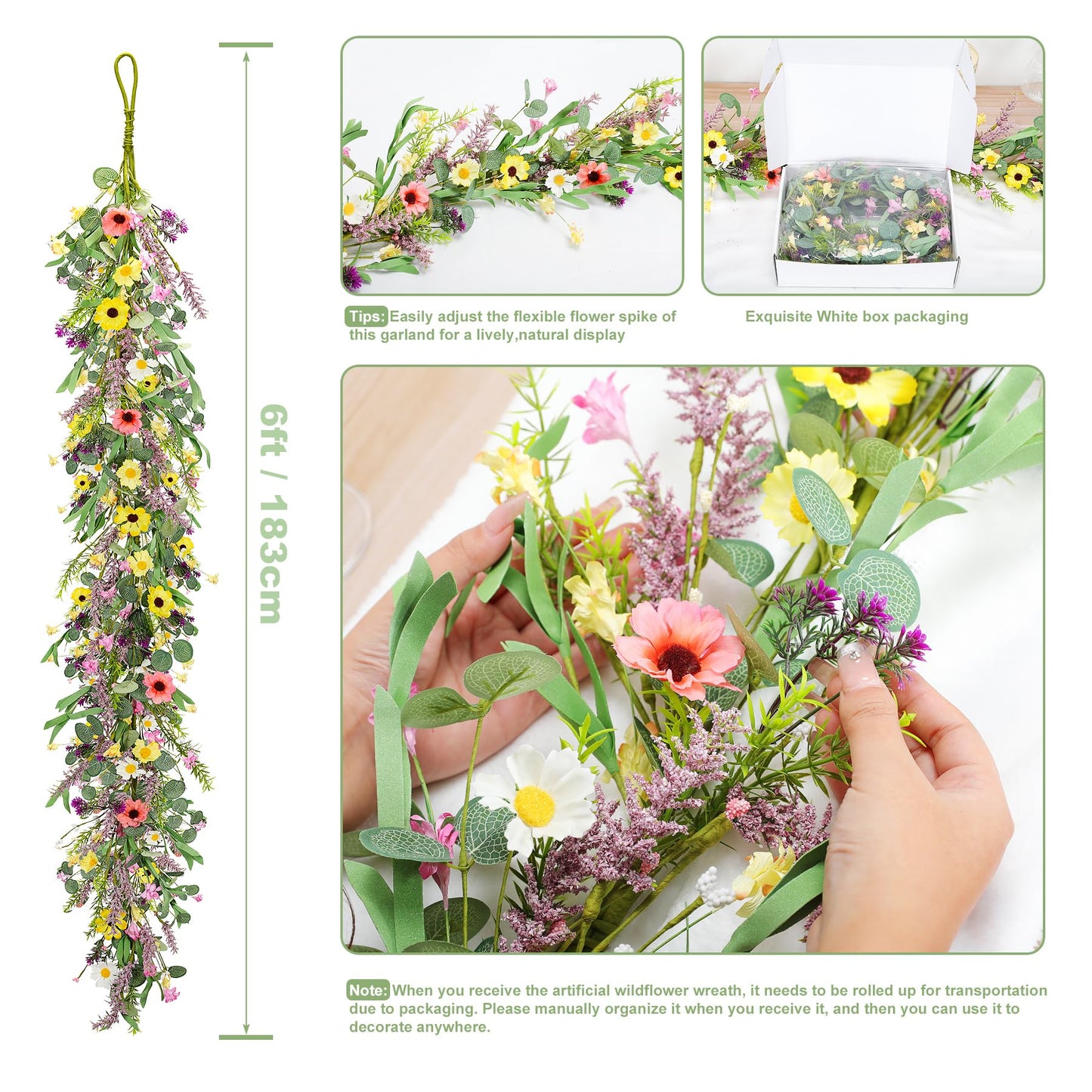 6 ft Artificial Wildflower Garland Wisteria Lavender Garland Daisy and Lavender Faux Floral Vine Summer Spring Floral Fake Wreath All Year Round Home Decor for Indoor Outdoor Home Wedding Arch