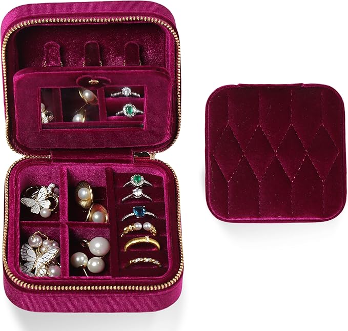 Velvet Jewelry Box â Travel Jewelry Case Organizer with Mirror, Adjustable Compartments for Women | Luxury Storage Case & Gift for Her - Rose Purple