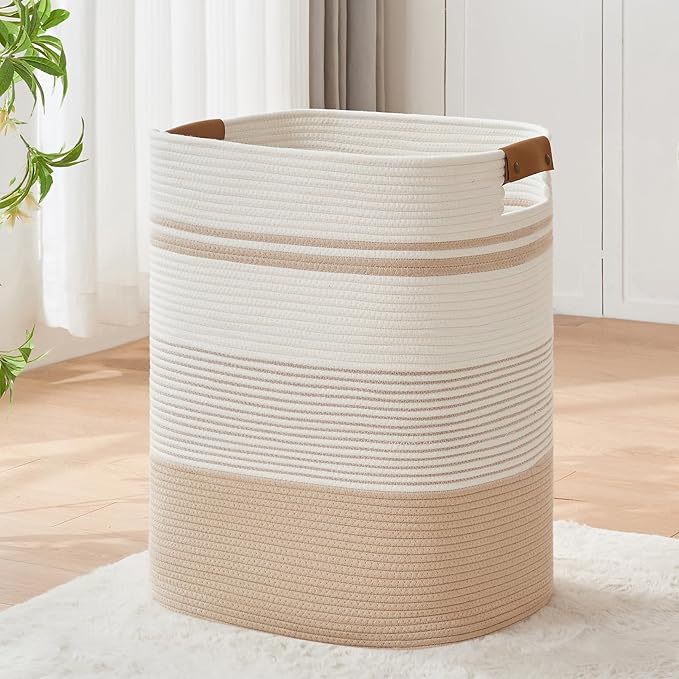 Laundry Basket with Handles - Blanket Basket & Hampers for Bedroom Aesthetic, Laundry Hamper & Blanket Storage for Living Room, Clothes Hamper, Tall, Large 17" x 14" x 22â, Off-white