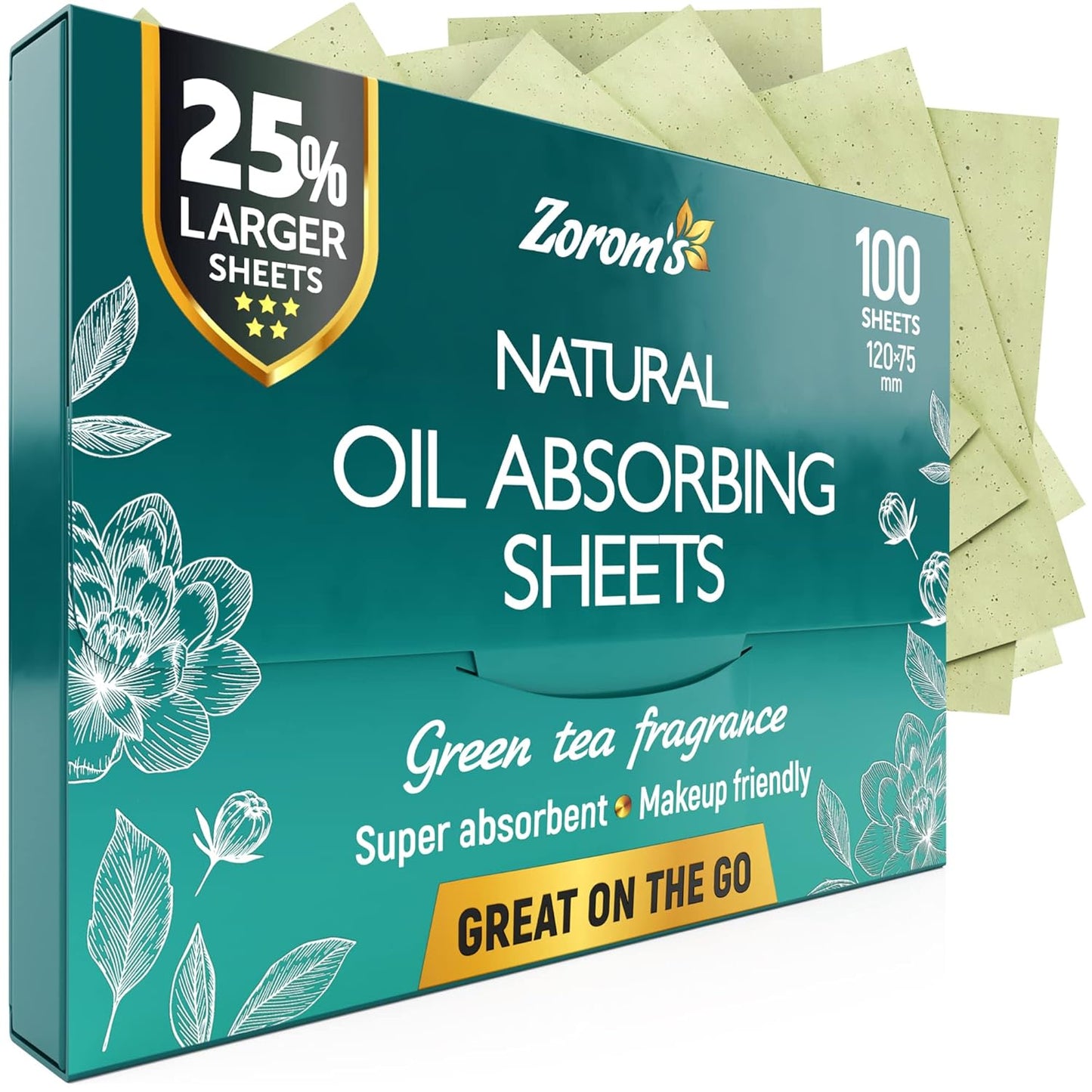 Natural Green Tea Oil Blotting Sheets for Face - 25% Larger Sheets (4.7x3â) - 100 Makeup Friendly Blotting Papers for Face - Easy Dispensing Oil Absorbing Sheets for Face