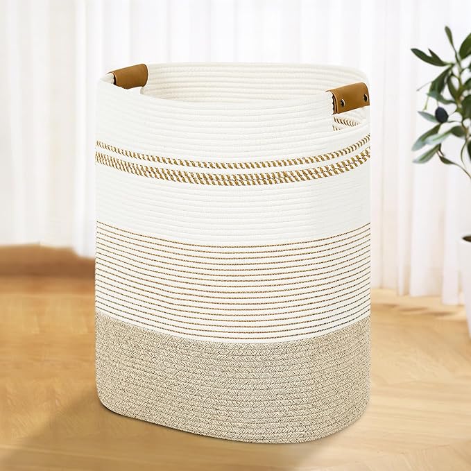 Laundry Basket with Handles - Blanket Basket & Hampers for Bedroom Aesthetic, Laundry Hamper & Blanket Storage for Living Room, Clothes Hamper, Tall, Large 17" x 14" x 22â, Light Brown & White