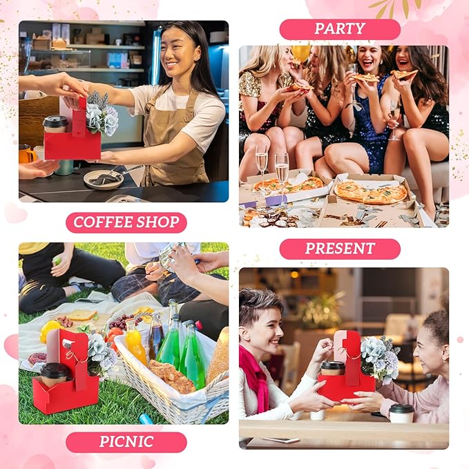MotiMind 50 Pack Mother's Day 2 Cup Drink Carrier with Handle, Kraft Paperboard Teacher Cup Holder Portable for Hot Cold Drinks, Coffee Carrier Gift with Heart Card Rope (Red)