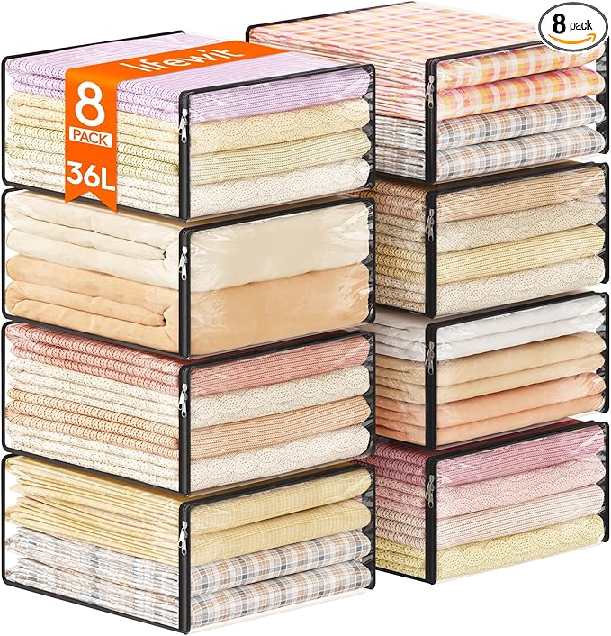 Lifewit 36L Clear Sheet Storage Bags with Zipper 8 Pack, Plastic Sweater Storage Bins for Clothing, Vinyl Foldable Clothes Containers Organizers for Closet, Blankets, Bedding 17.7 x 15.7 x 7.9 Inch