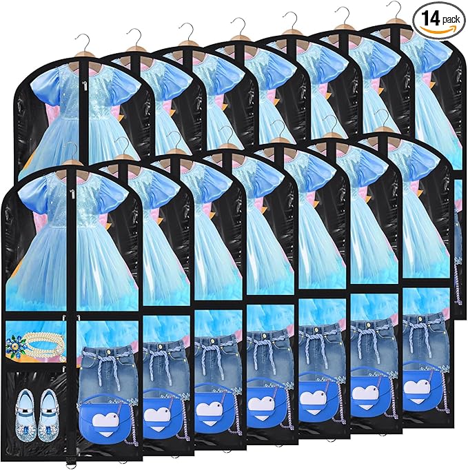 Geelin 14 Pcs Garment Bags for Dance Costumes PVC Clear with Zippers 20 x 40 Inch Garment Bag with Pockets Dance Costume Organizer Carrier for Storage Cover for Adult(Translucent Black)