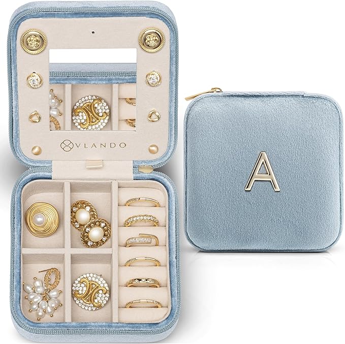 Vlando Travel Gifts 2025, Travel Jewelry Case for Girl Women, A Initial Jewelry Case, Mini Jewelry Travel Organizer Travel Essentials for Gifts for Friend Teen Girls - Letter A, Blue