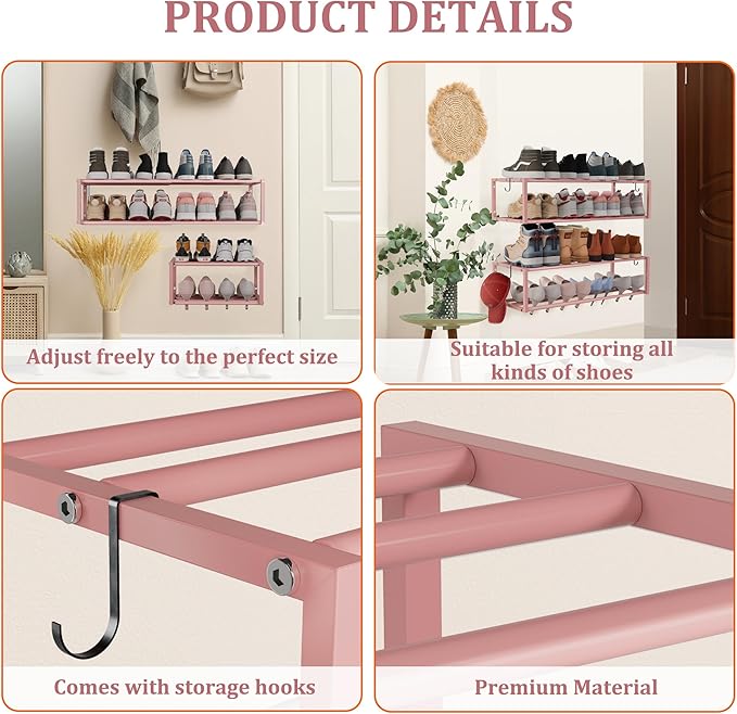 2 Pack Expandable Wall Mounted Shoe Rack, 17"-31" Adjustable Hanging Shoe Rack Holds 16 Pairs, Heavy Duty Metal Shoe Holder with 4 Storage Hooks, Space Saving for Entryway Closet Doorway(Pink)