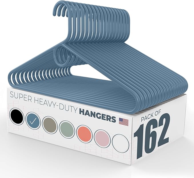Neaties Super Heavy Duty Clothes Hangers 100+ Pack (162 Count) â Made in The USA - 10lb Capacity, Thick Plastic Hangers for Pants, Coats, Jackets, Jeans and Adult Clothing â Blue