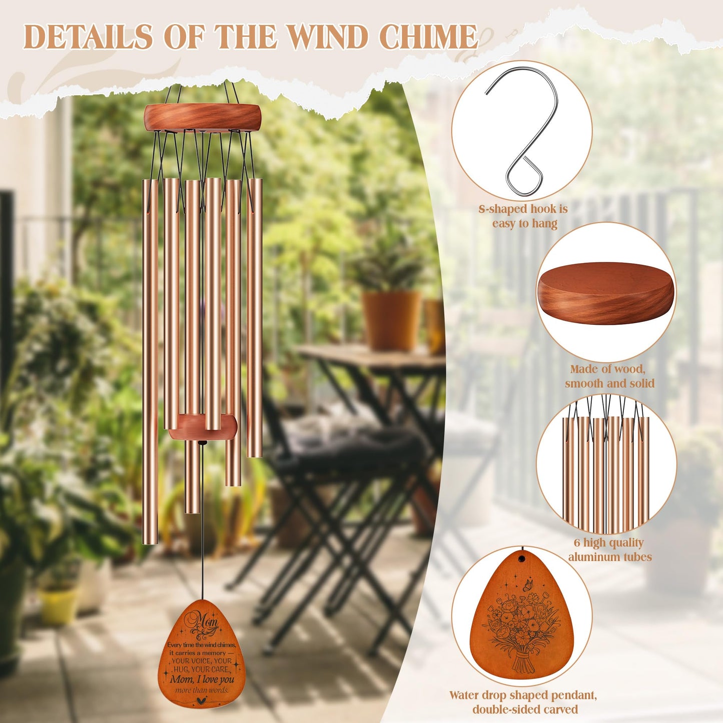 Gifts for Mom, Wind Chimes for Outside, Windchimes Hanging for Home Decor, Memorial Moms Birthday Gifts Christmas Mothers Day Thanksgiving (Mom)