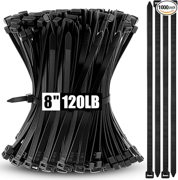 1000 Pcs 8 Inch Zip Ties Heavy Duty 120 Lbs Tensile Strength Black Nylon Wire Cable Ties Bulk for Indoor Outdoor