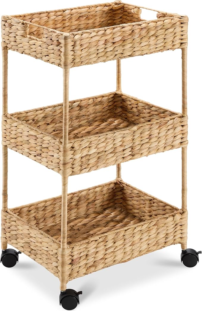 Best Choice Products 3-Tier Water Hyacinth Rolling Nursery Caddy w/Wheels, Utility Cart, Storage Organization for Bathroom, Craft Room, Laundry Roomâ Natural