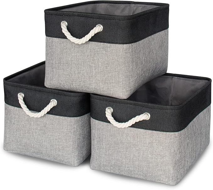 HOdo Home Fabric Storage Bin with Drawstring Closure and 2 Bold Handles, Collapsible Large Canvas Storage Baskets for Organizing Shelf Nursery Home (Black and Grey, 15.8LÃ11.8WÃ9.5H - 3Pack)