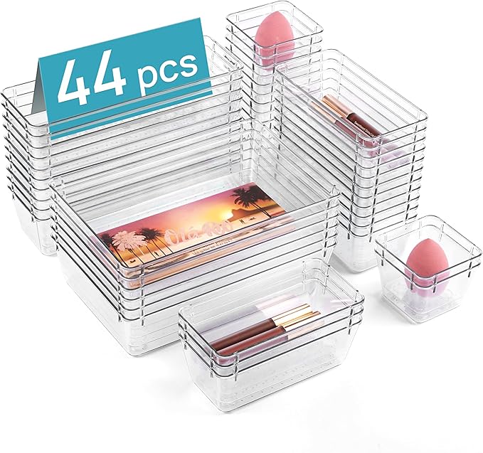 Vtopmart 44 PCS Clear Plastic Drawer Organizers Set, 4-Size Versatile Bathroom and Vanity Organizer Trays, Non-Slip Storage Containers for Makeup, Jewelries, Bedroomï¼Kitchen Utensils and Office