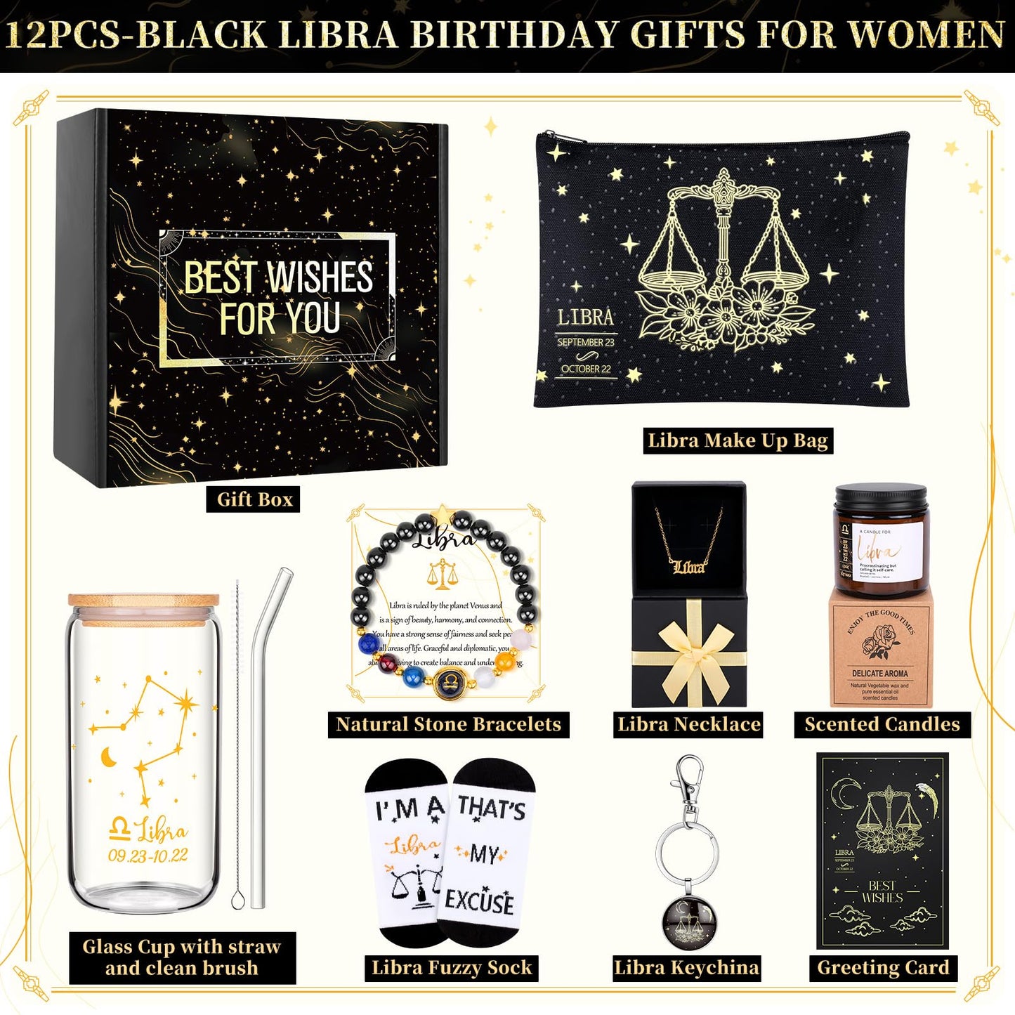 12PCS Libra Birthday Gifts for Women-Libra Zodiac Gifts for Women, Mom, Wife, Self Care Package,Get Well Soon, Birthday Mother's Day Baskets Astrological Baskets