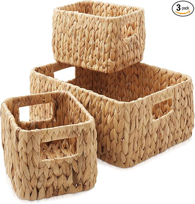 Casafield Set of 3 Water Hyacinth Storage Baskets for Shelves - 1-Large, 2-Small Woven Organizers with Handles for Bathroom, Laundry, Pantry, Office