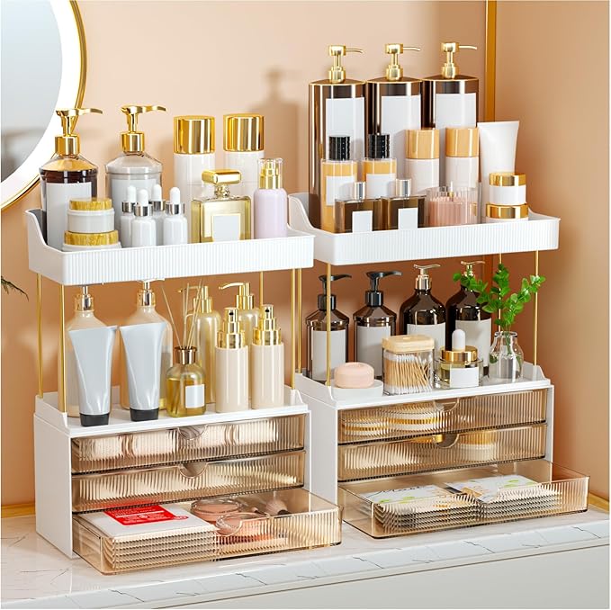 2 Sets 6 Drawers Makeup Organizer â 5 Tier Bathroom Organizers and Storage, Versatile Perfume Vanity Organizer, Ideal for Cosmetic, Large Skincare, Face Mask, Office Supplies, Amber