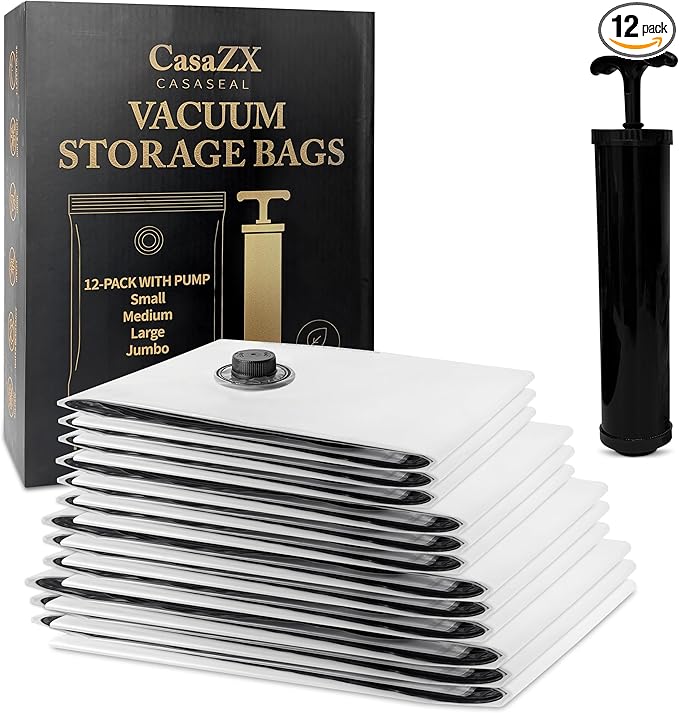 Vacuum Storage Bags â 12 Pack with Hand Pump | Space Saver Compression Bags for Clothes & Bedding | Extra Thick, Airtight Double-Zip, Triple-Valve | Reusable Storage (Jumbo/Large/Medium)