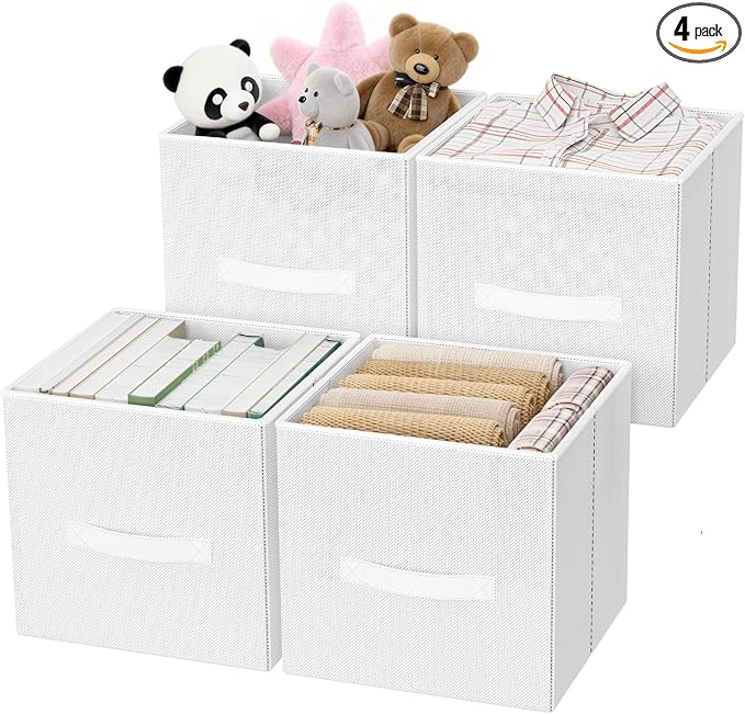Fabric Storage Bins, Foldable Storage Cubes Baskets with Handle for Organizing, Collapsible Bins Cube Organizer Baskets for Closet, Shelves, Clothes, Towel (White, 4 Pack)