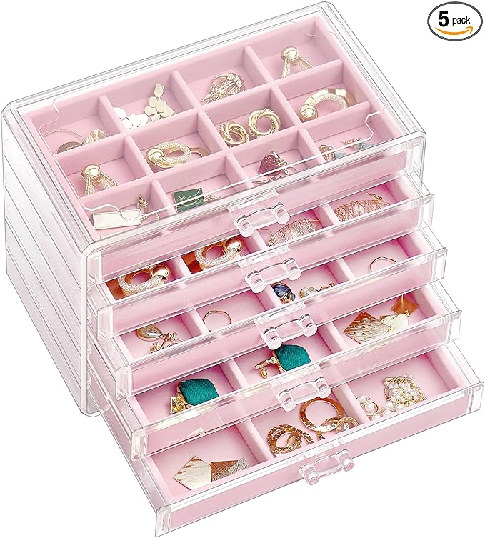 ProCase Earring Holder Organizer Jewelry Box with 5 Drawers, Acrylic Clear Earring Case with Adjustable Velvet Trays for Women - Pink, 5 Layers