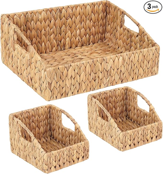 Set of 3 Handwoven Water Hyacinth Storage Baskets â Decorative Natural Wicker Organizer Bins with Built-in Handles for Bathroom, Kitchen, Pantry, Nursery, Closet, Laundry, Living Room, and Home Use