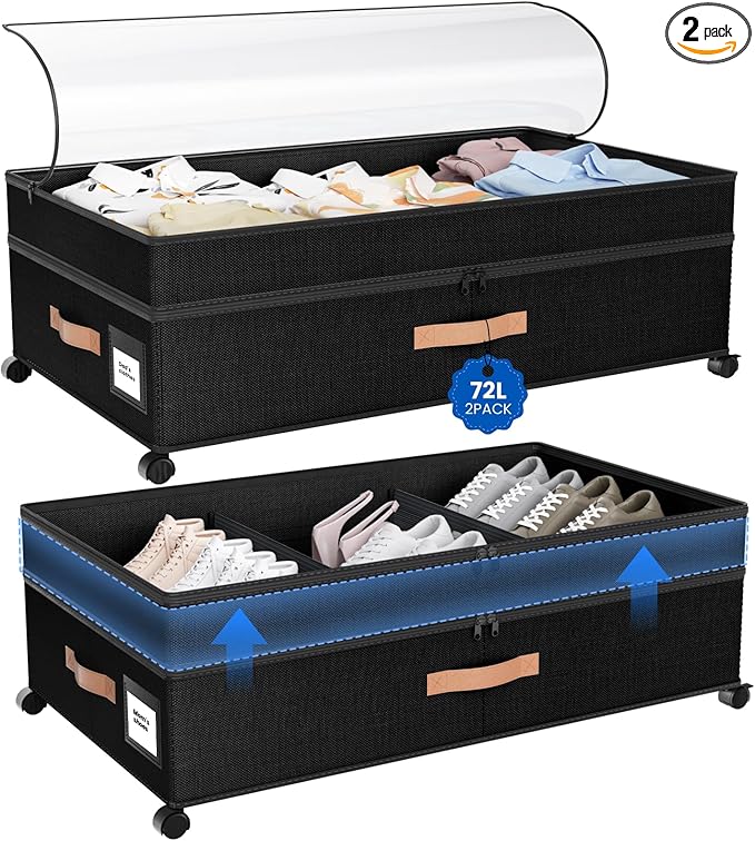 Under Bed Storage with Wheels, 72L XXL Under the Bed Storage Containers Large, 10ââ Tall Adjustable Storage for Underbed with Lids, Rolling for Shoes, Clothes, Blankets, Black