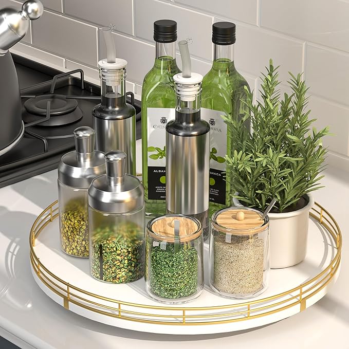 13â Wooden Lazy Susan Turntable for Cabinet â Round Rotating Spice Rack Organizer, White Kitchen Countertop Tray for Dining Table & Pantry Storage (White & Gold)