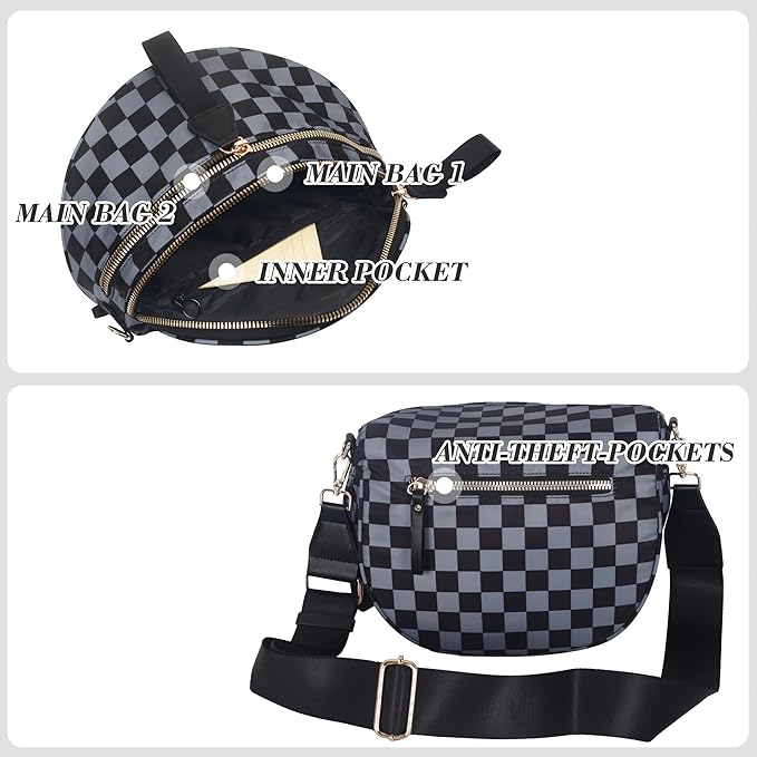 Checkered Crossbody Bag for Women, Spacious Sling & Stylish Bum Bag for Travel, Concerts, Festival, Nylon Fanny Pack Belt Bag (Colour Bum Bag-Black Grey Checkered)