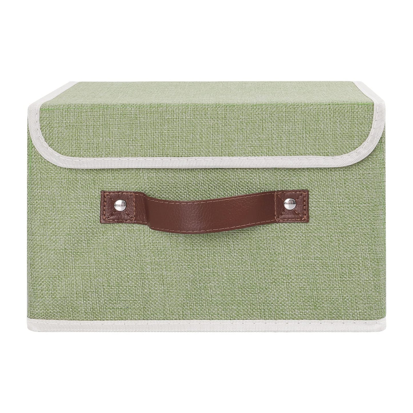 ANMINY Storage Bin with Lid Storage Boxes with PU Leather Handles PP Plastic Board Decorative Foldable Lidded Cotton Linen Fabric Home Cubes Baskets Closet Organizer Container - Green, Small Size