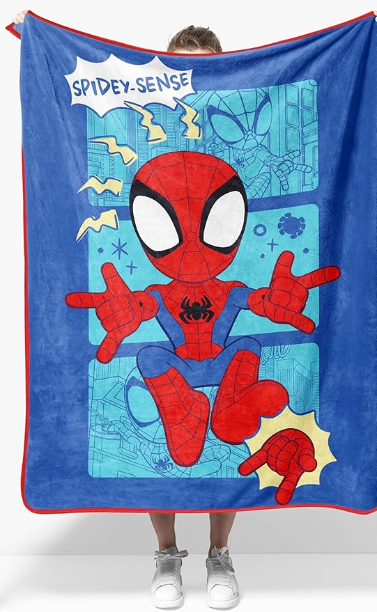 Jay Franco Kids Plush Throw Blanket â Soft & Cozy Fleece Throw for Bedroom & Couch Décor, Official Licensed Product, Blue - Spidey & Friends, 40x50 - Travel Blanket