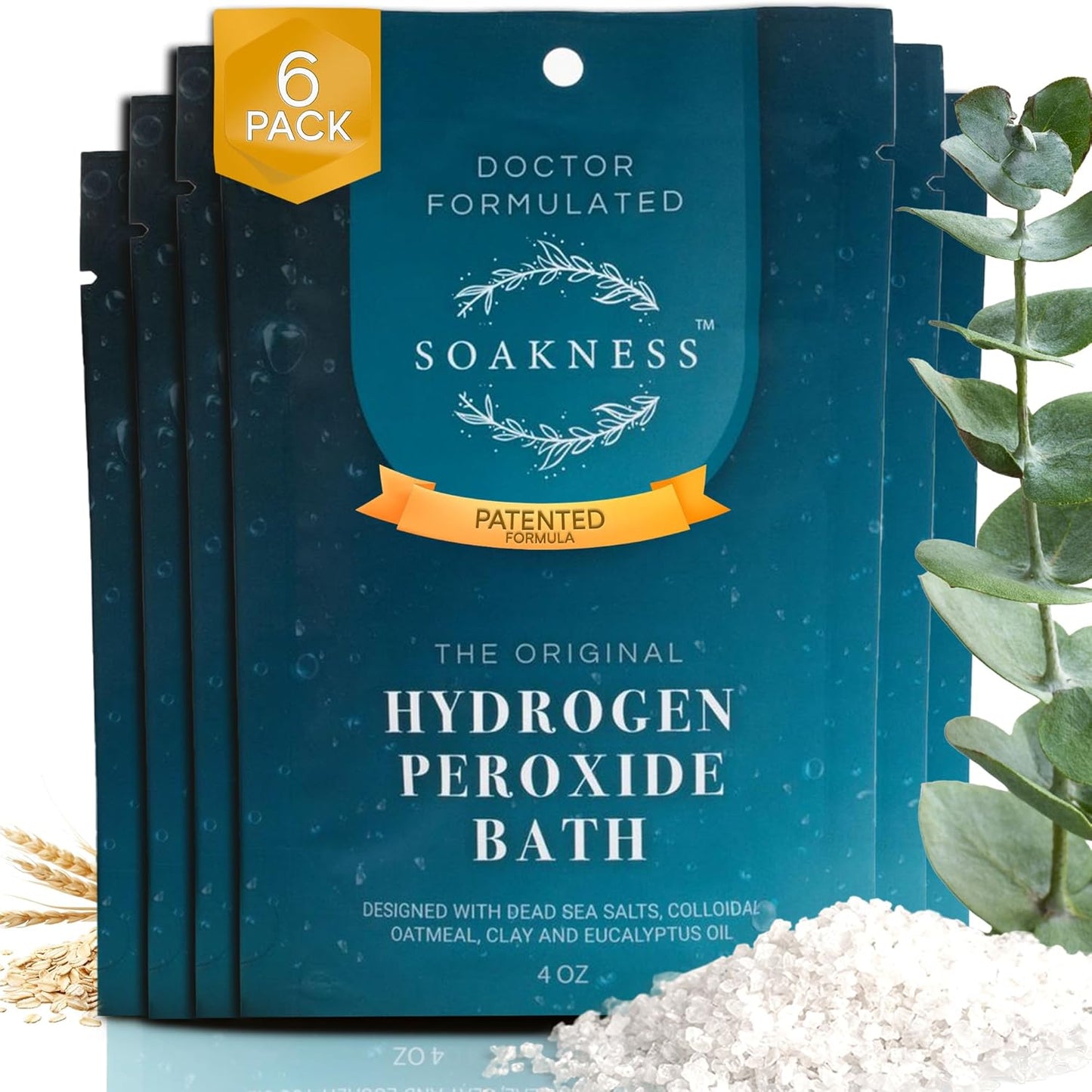 Hydrogen Peroxide Epsom Salt Bath Soak - USA-Made â Patented Bath Salts, Muscle Recovery, & Skin Detoxification â Magnesium Salts for Bathing - Doctor Formulated Pure Epsom Salt (6-Pack)