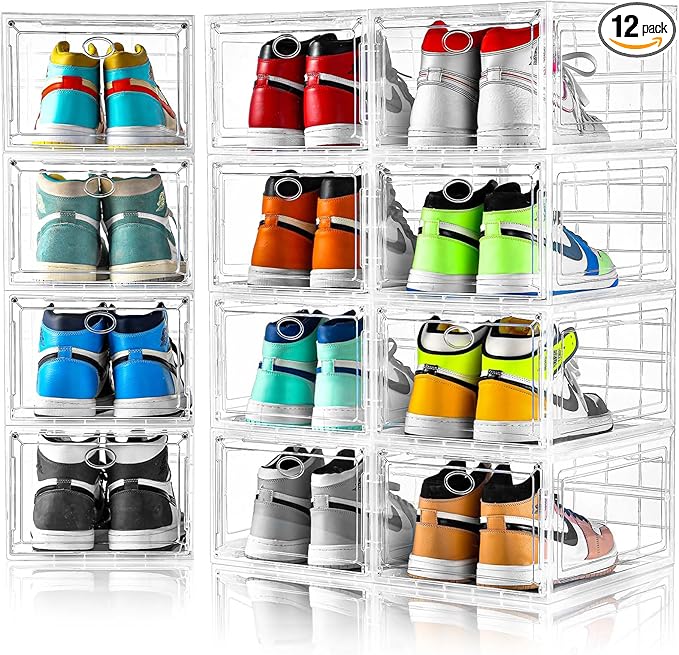 12 Pack Clear Shoe Boxes Stackable,Shoe Storage Boxes for Closet,Sturdy Shoe Box Storage Containers with Clear Door,Sneaker Storage,Easy to Assemble,Fit up to US Size 12(13.8âx 9.84âx 7.1â)