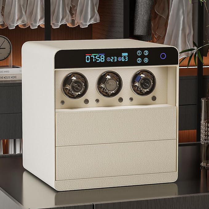 ZL ZELing Jewelry Box with Watch Winder, Fingerprint and Password Lock, Large Capacity Storage for with Necklace/Rings/Bracelets/Watchesage&Organizer Women Gifts,Dual Drawers, Beige