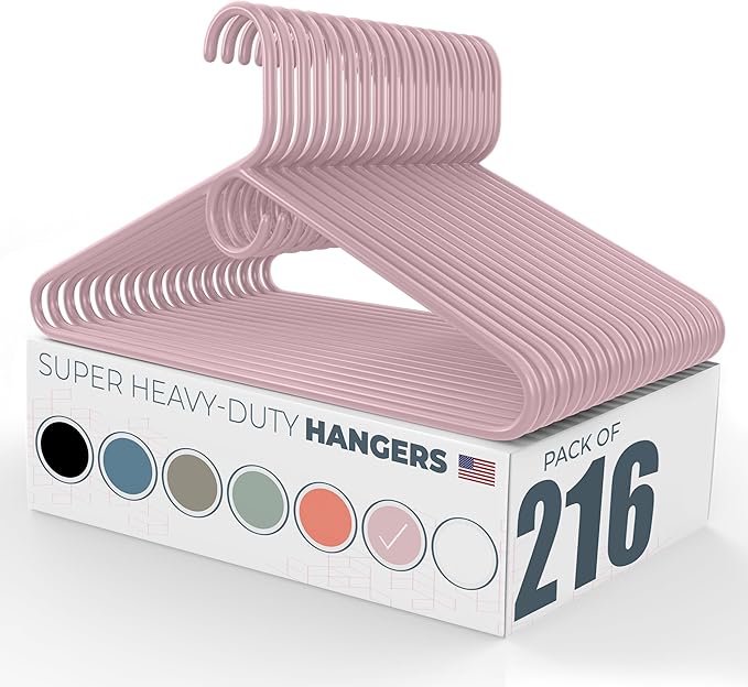 Neaties Super Heavy Duty Clothes Hangers 100+ Pack (216 Count) â Made in The USA - 10lb Capacity, Thick Plastic Hangers for Pants, Coats, Jackets, Jeans and Adult Clothing â Pink