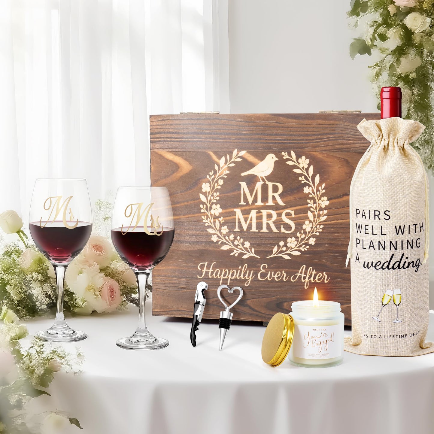 LOMEVE Mr and Mrs Engagement Gifts for Couples, Bridal Shower Gift, Wedding Gifts for Newlywed - Wine Glasses Set of 2, Wine Stopper and Opener, Wine Bag, Scented Candle, Engraved Wooden Keepsake Box