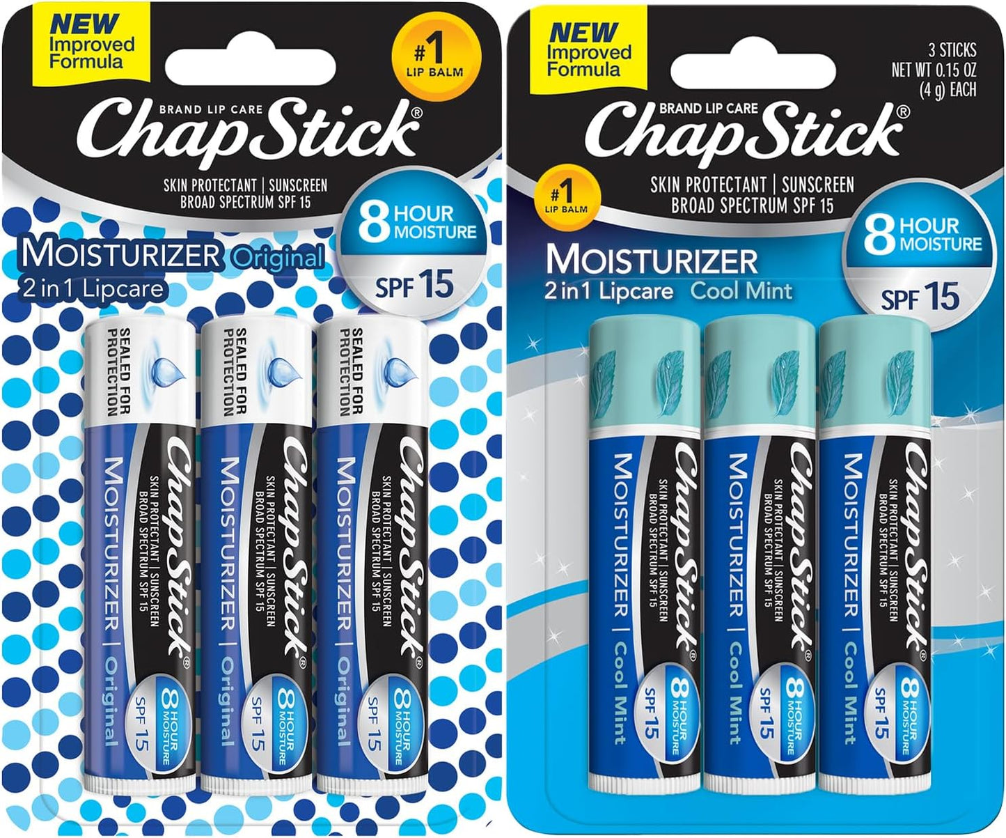 ChapStick Moisturizer 2-in-1 Lipcare 6-Pack (3 Original, 3 Cool Mint) â 8-Hour Lip Balm with Broad Spectrum SPF, Aloe & Vitamin E, 0.15 Ea