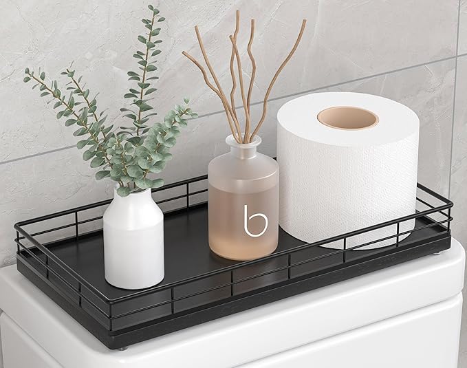 Toilet Paper Basket Organizer â Oak Wood Toilet Tank Tray with Metal Frame, Back of Tank or Top Bathroom Counter Storage â Black Modern Decor