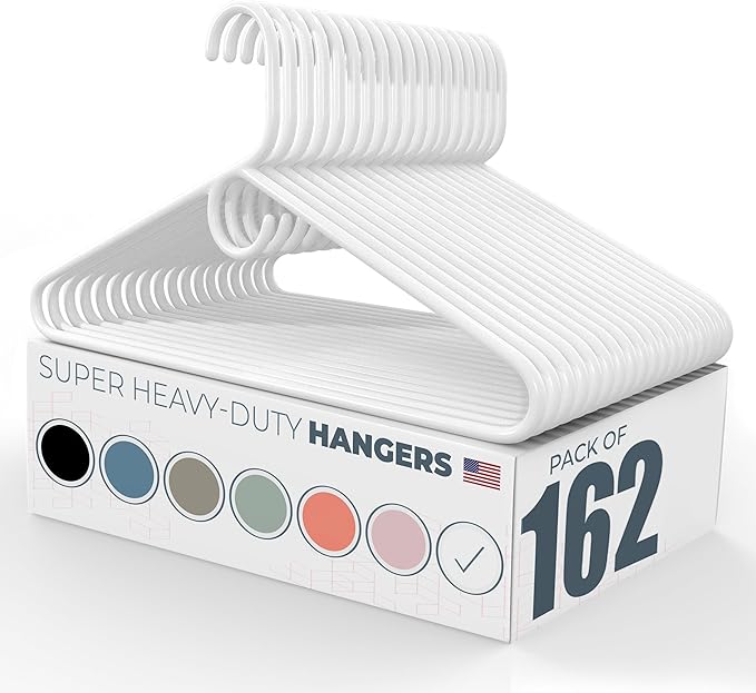Neaties Super Heavy Duty Clothes Hangers 100+ Pack (162 Count) â Made in The USA - 10lb Capacity, Thick Plastic Hangers for Pants, Coats, Jackets, Jeans and Adult Clothing â White