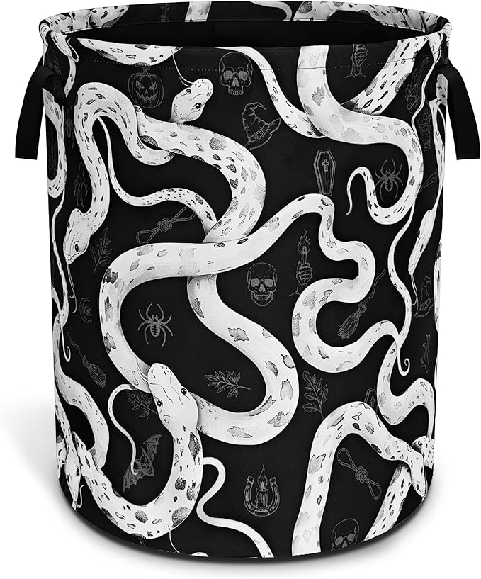 Snake Crawling Laundry Basket Black White Snakes Oxford Cloth Laundry Hamper Funny With Handle Foldable Portable Clothes Storage Basket 18.9 X 16.5 Inch Storage Bag For Laundry Room/Bathroom/Bedroom