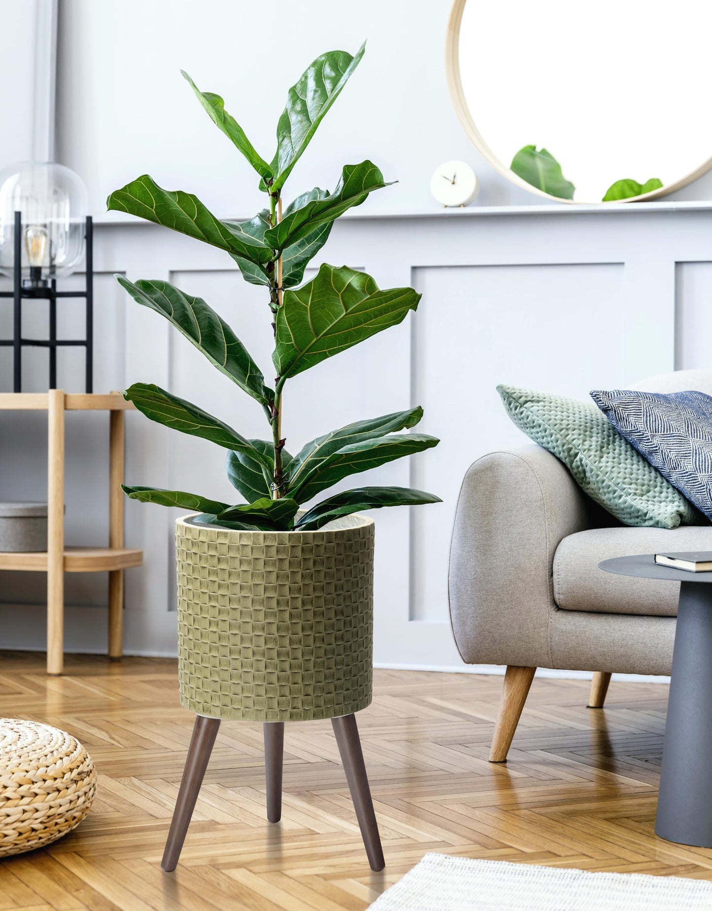 D'vine Dev 12 Inch Modern Geometric Tile Patterned Sleek Planter Pot with Stand, Indoor Outdoor Decorative Plant Holder, Distressed Olive, 88-Z-C-4