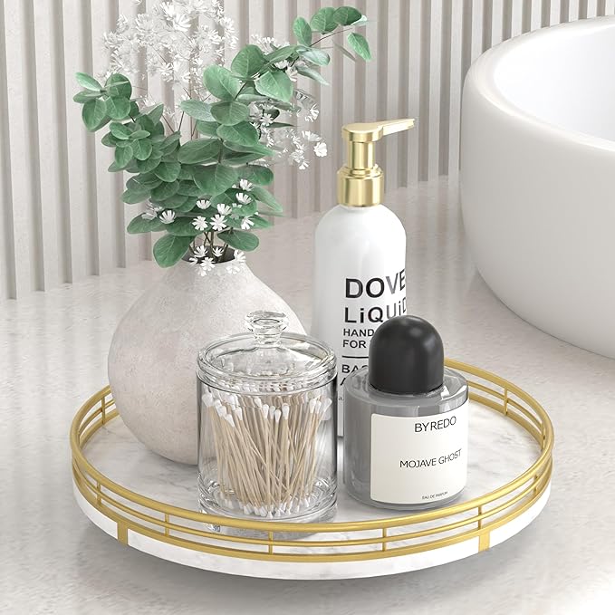 White Marble Lazy Susan Turntable for Table Top â 10â Round Marble Tray Organizer for Bathrroom, Vanity, Dining Table, Kitchen Countertop & Bar, Luxury Stone Serving Tray with Gold Frame