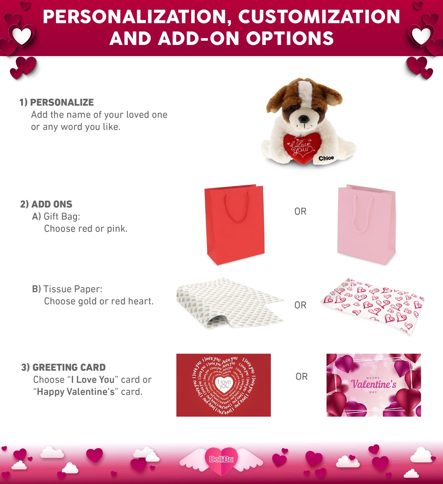DolliBu I Love You Valentine Plush St. Bernard Dog - Cute Stuffed Animal with Red Heart and Name Personalization Gift for Valentines Day, Birthday, Anniversary, Romantic Date - 8 Inches