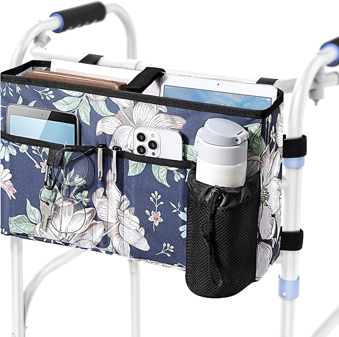 Rhino Valley Walker Bag, Secure Fit Walker Basket with Cup Holder, Large Capacity Foldable Walker Accessories for Seniors, Detachable Folding Walker Pouch Organizer for Older Elderly Gifts,Blue Cosmos