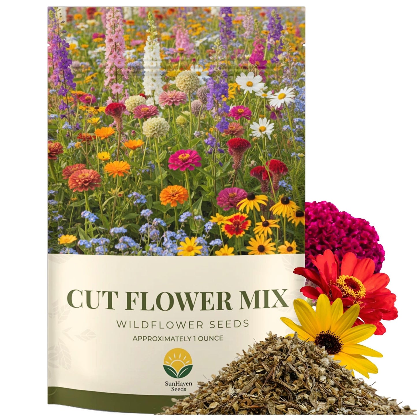 SunHaven Seeds Cut Flower Garden Seed Mix â 15,000+ Seeds â 1 oz Extra Large Packet â Non-GMO Flower Seeds â Zinnia, Cosmos, Larkspur, Calendula, Bishopâs Flower & More for Bouquets & Cutting Gardens