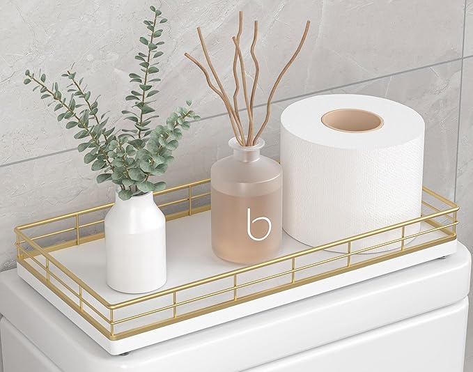 Toilet Paper Basket Organizer â Oak Wood Toilet Tank Tray with Metal Frame, Back of Tank or Top Bathroom Counter Storage â Gold & White Modern Decor