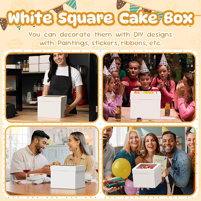 7 Pack Cake Boxes, 10x10x8 Inches Tall Cakes Box with Window, White Cake Boxes with Cakes Boards, Square Bakery Box, for Cake, Treat Cookie Dessert, Pastry, Birthday Party, Mother's Day, Weddings