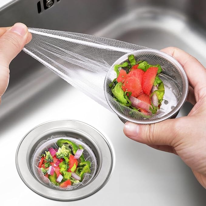 500 Pack Kitchen Sink Strainer Mesh Bags â Anti-Clogging Disposable Sink Drain Covers that Trap Food Scraps, Leftovers, Hair & Debris. Ultra-Fine Sink Filter Nets Fit Most Sink Strainers.